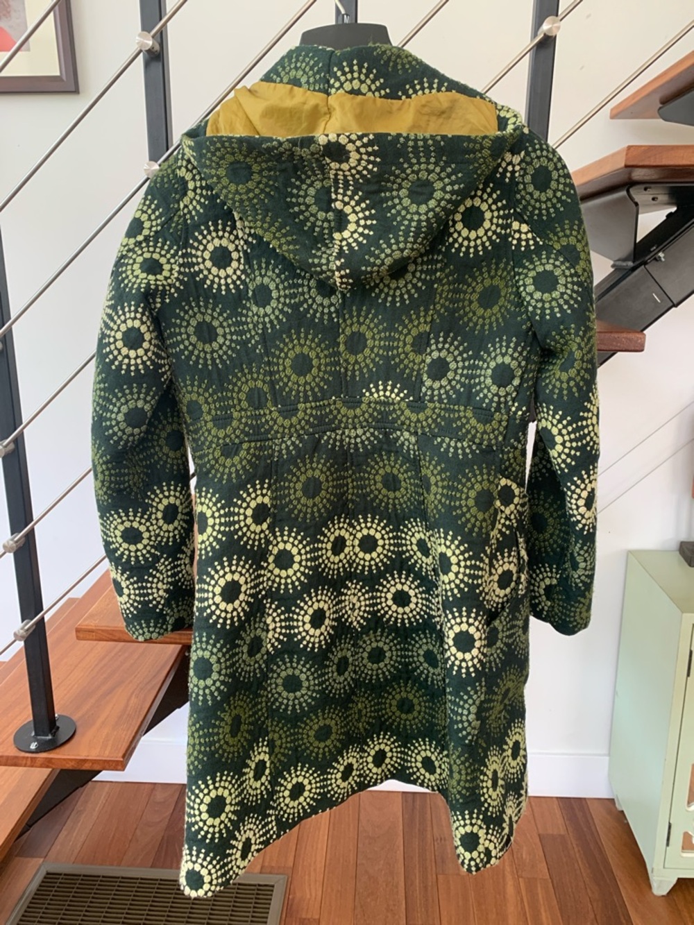 Desigual Vintage Psychedelic Dark Green Coat with Yellow Circular Print - Picture 3 of 3